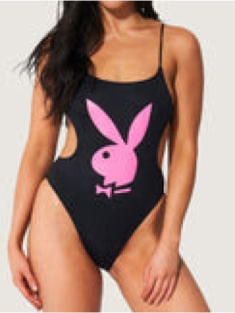 PLAYBOY Black One-Piece with neon Pink Bunny Graphic